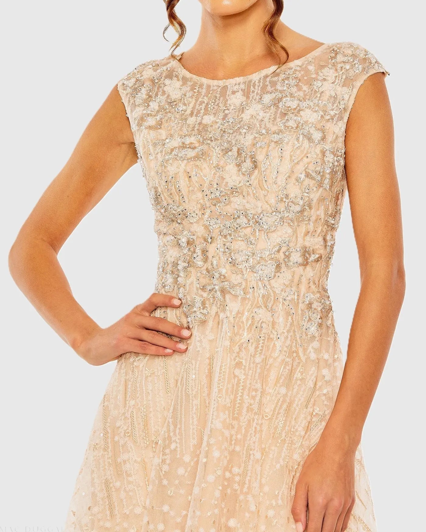 High Neck Lace Embroidered Gown - Peach