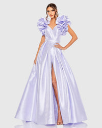 Mac Duggal Flutter Sleeve V-Neck Ballgown with Slit #20522 Light Blue