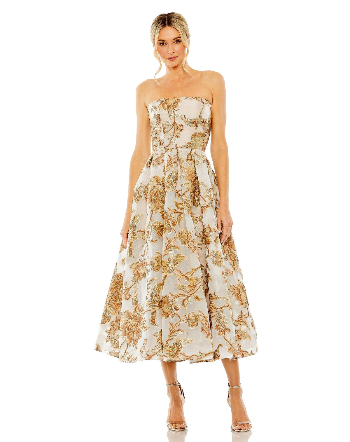mac duggal, Strapless brocade midi dress with pockets - Bronze, Style #20716
