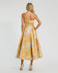 Brocade Strapless Floral Gown - Peach