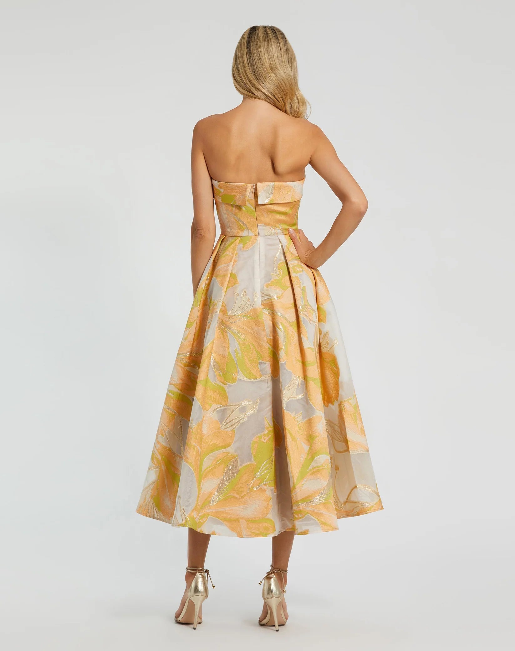 Brocade Strapless Floral Gown - Peach
