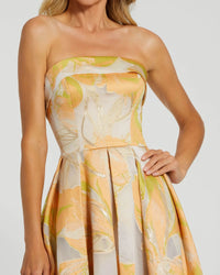 Brocade Strapless Floral Gown - Peach