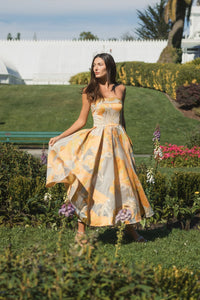 Brocade Strapless Floral Gown - Peach