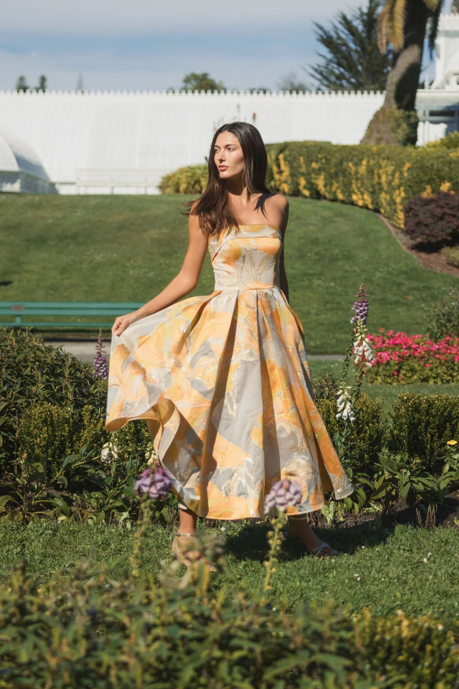 Brocade Strapless Floral Gown - Peach