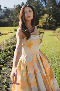 Brocade Strapless Floral Gown - Peach