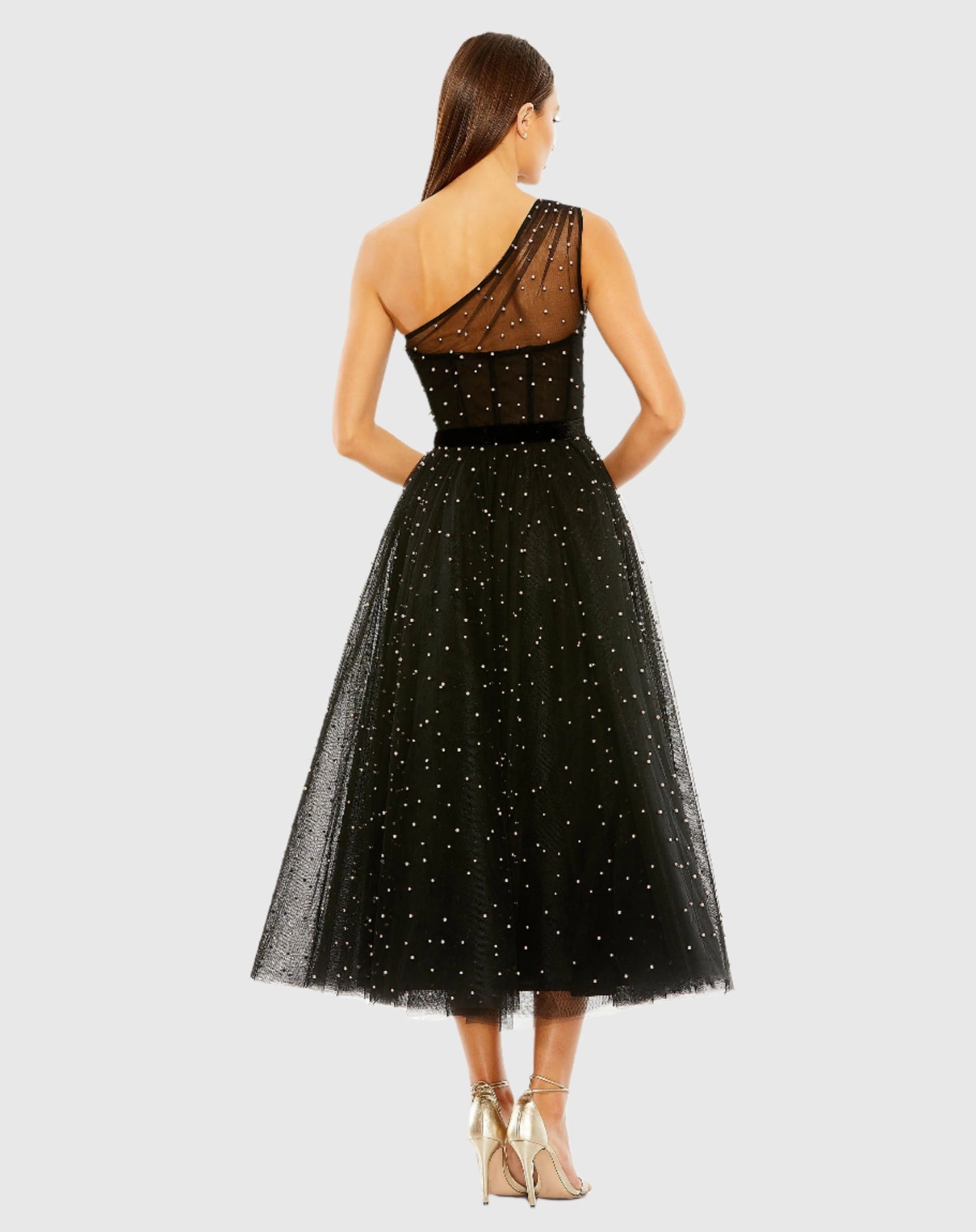 One shoulder pearl beaded ballgown - Black