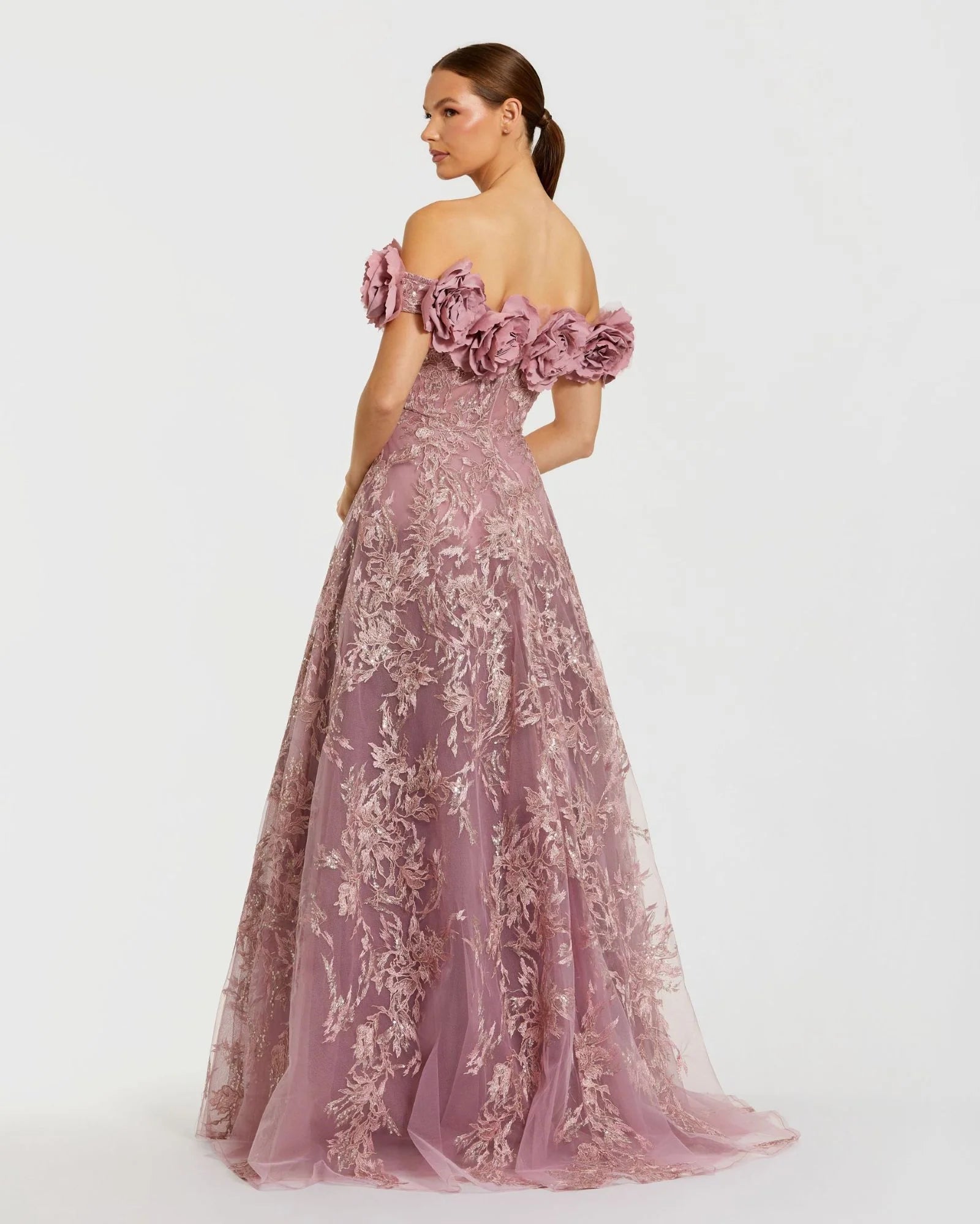 Floral Embroidered Off The Shoulder Gown - Mauve
