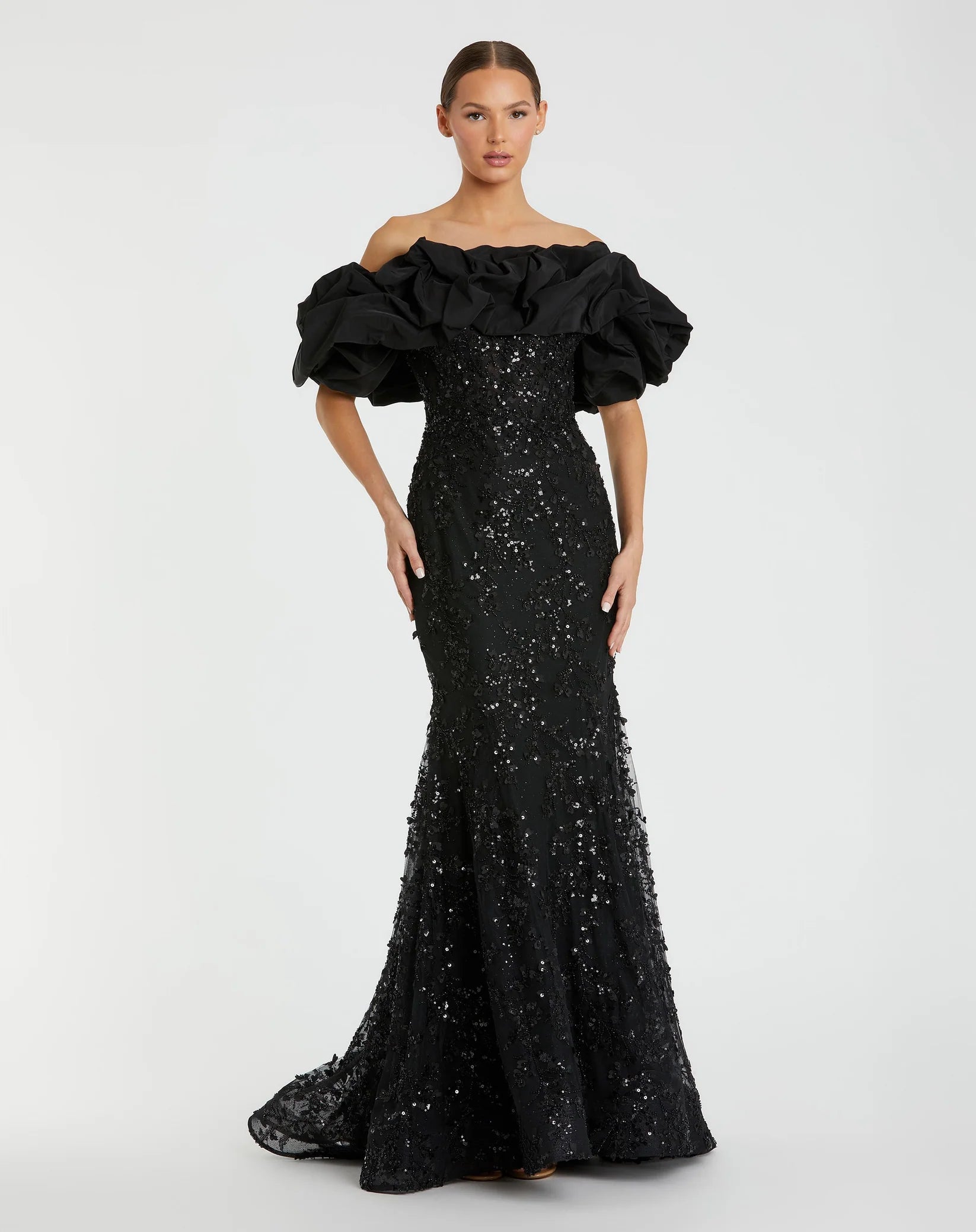 Mac Duggal, Beaded Applique Off The Shoulder Mermaid Gown Black #21033