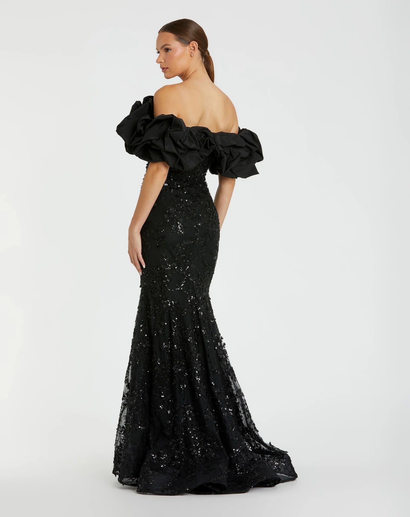 Beaded Applique Off The Shoulder Mermaid Gown - Black