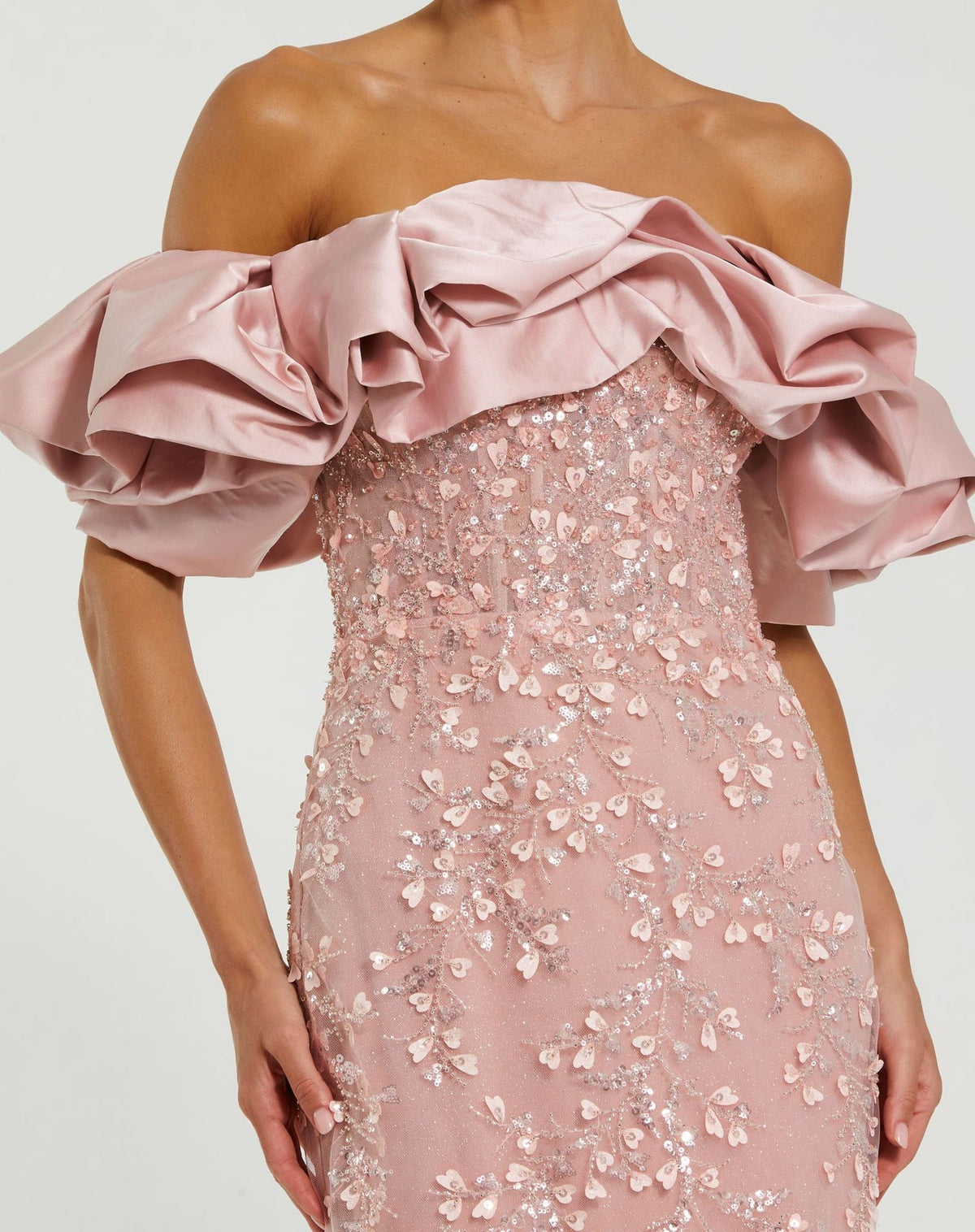 Beaded Applique Off The Shoulder Mermaid Gown - Black