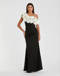 Mac Duggal Black and White Jersey Gown With 3D Flower Off The Shoulder Detail #21079