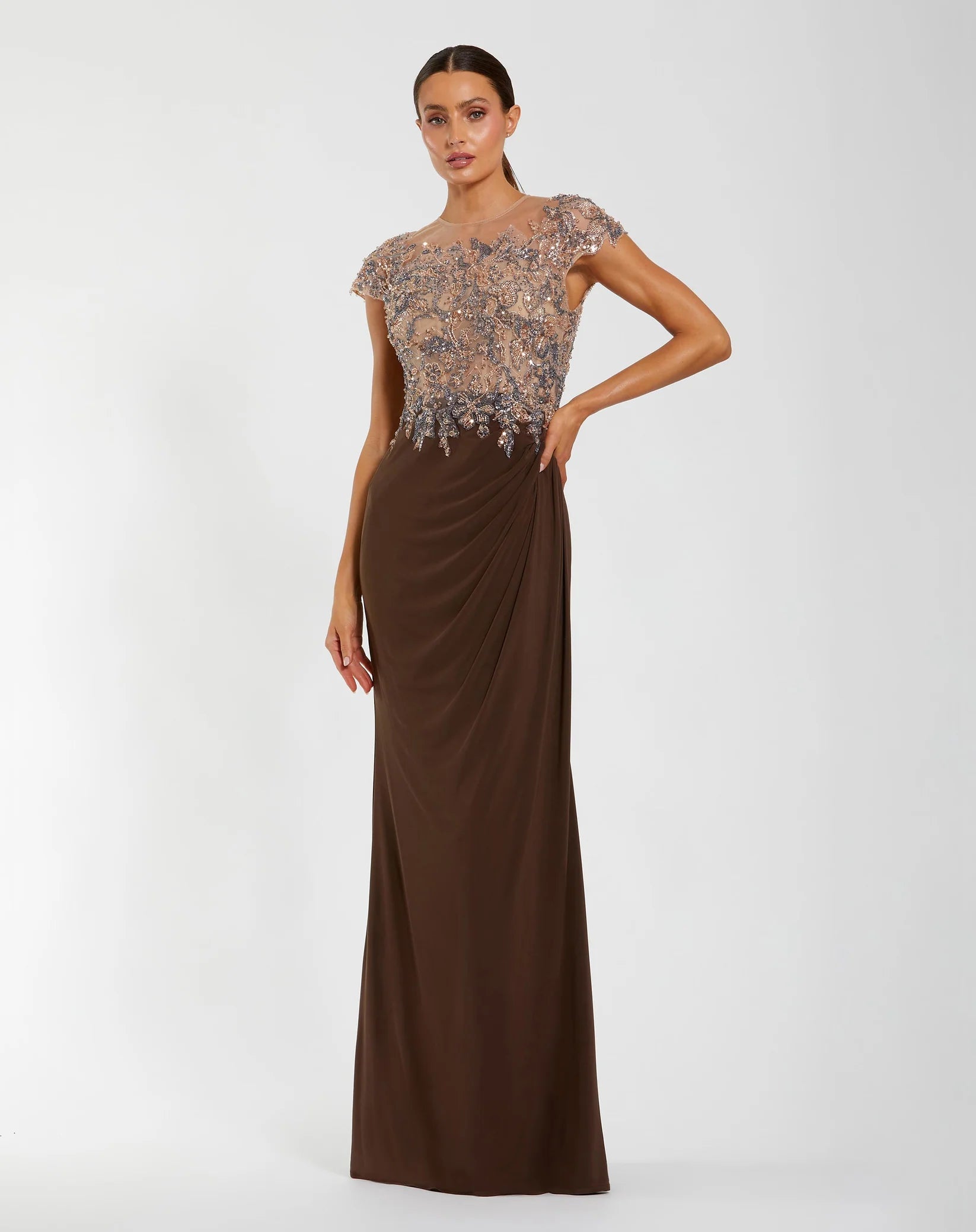 Mac Duggal Brown Crystal Applique Embellished Jersey Gown #21100 Chocolate