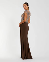Crystal Applique Embellished Jersey Gown - Chocolate