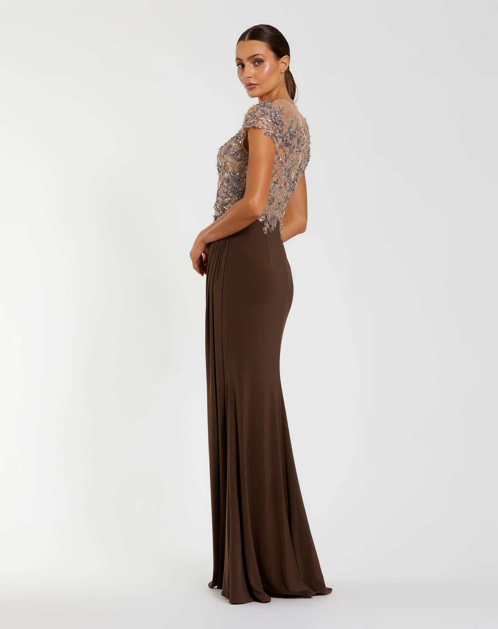 Crystal Applique Embellished Jersey Gown - Chocolate