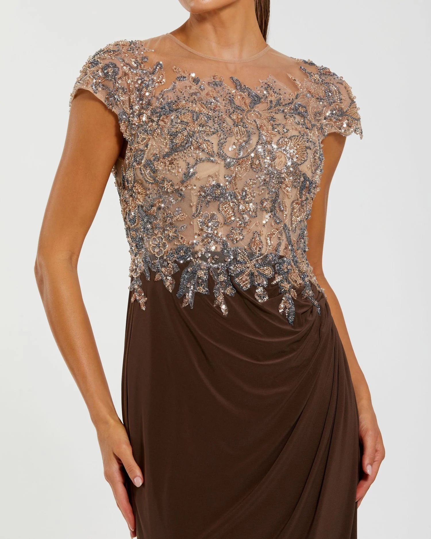 Crystal Applique Embellished Jersey Gown - Chocolate