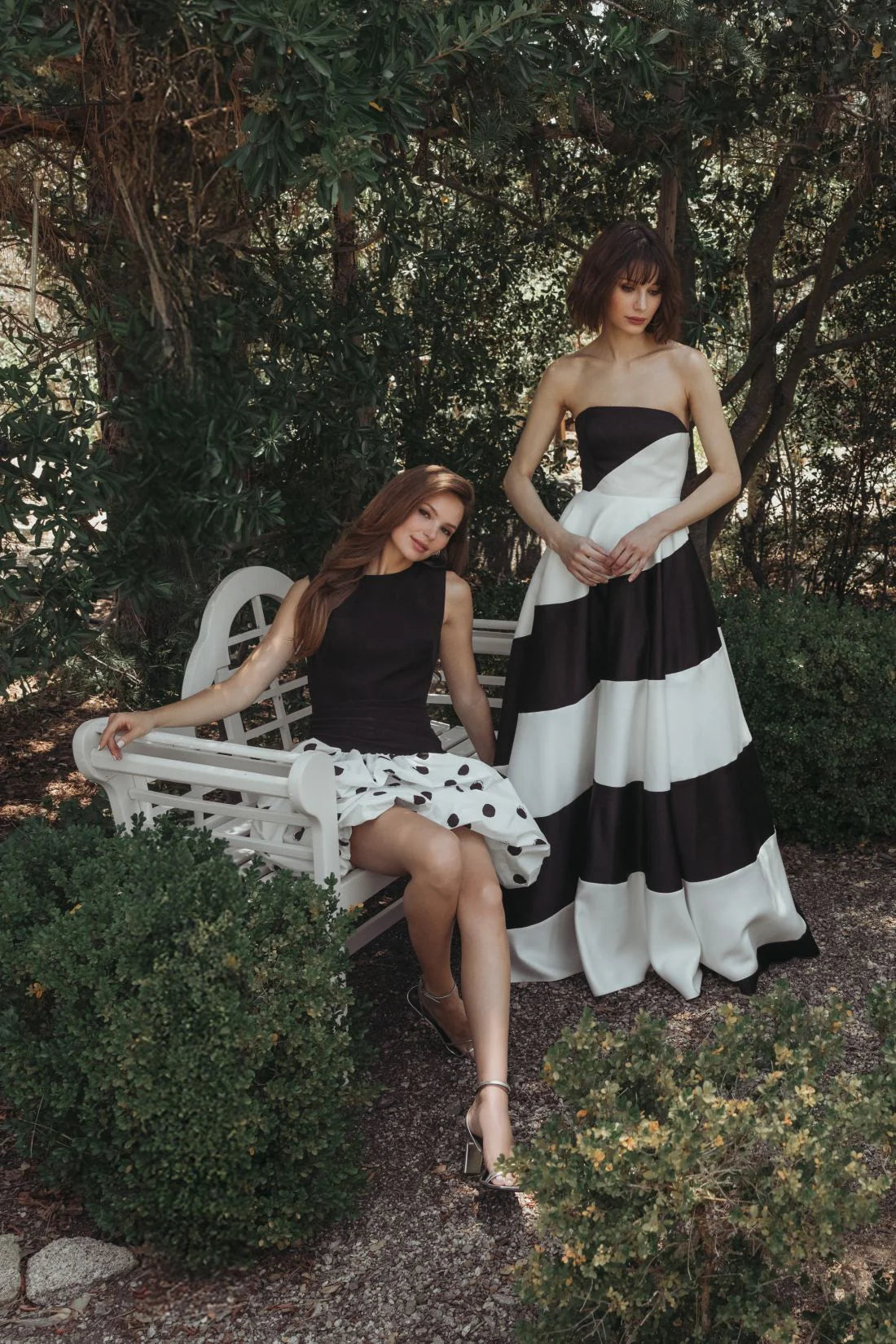 Monochrome Striped Satin Strapless Ball Gown - Black Ivory