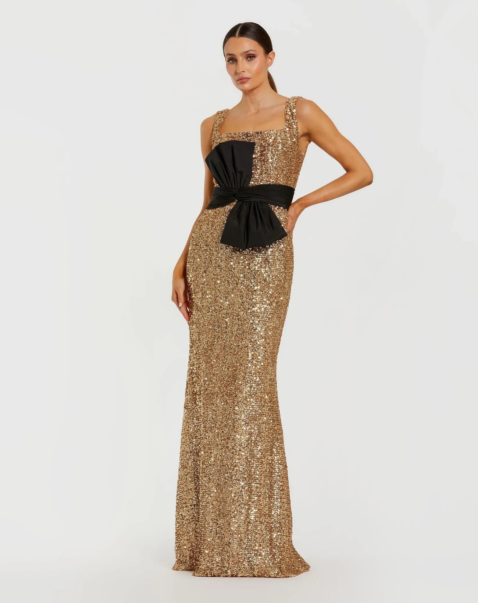 Mac Duggal #21160 Gold Sequin Square Neck Column Gown With Faille Bow
