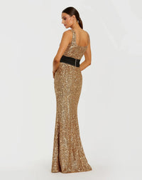 Sequin Square Neck Column Gown Bow - Gold