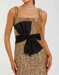 Sequin Square Neck Column Gown Bow - Gold