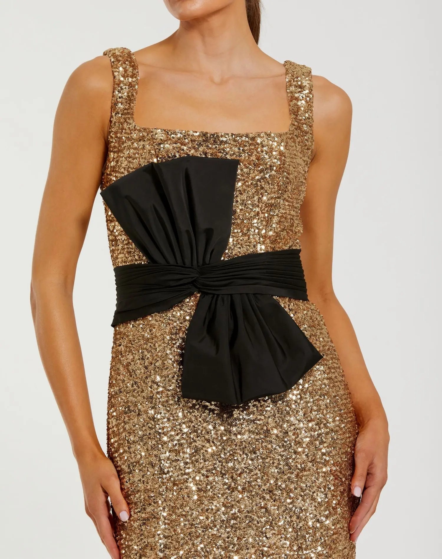 Sequin Square Neck Column Gown Bow - Gold