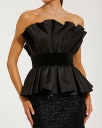 Strapless Satin Peplum Sequin Column Gown - Black