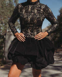 High Neck Long Sleeve Lace Velvet Mini Dress - Black