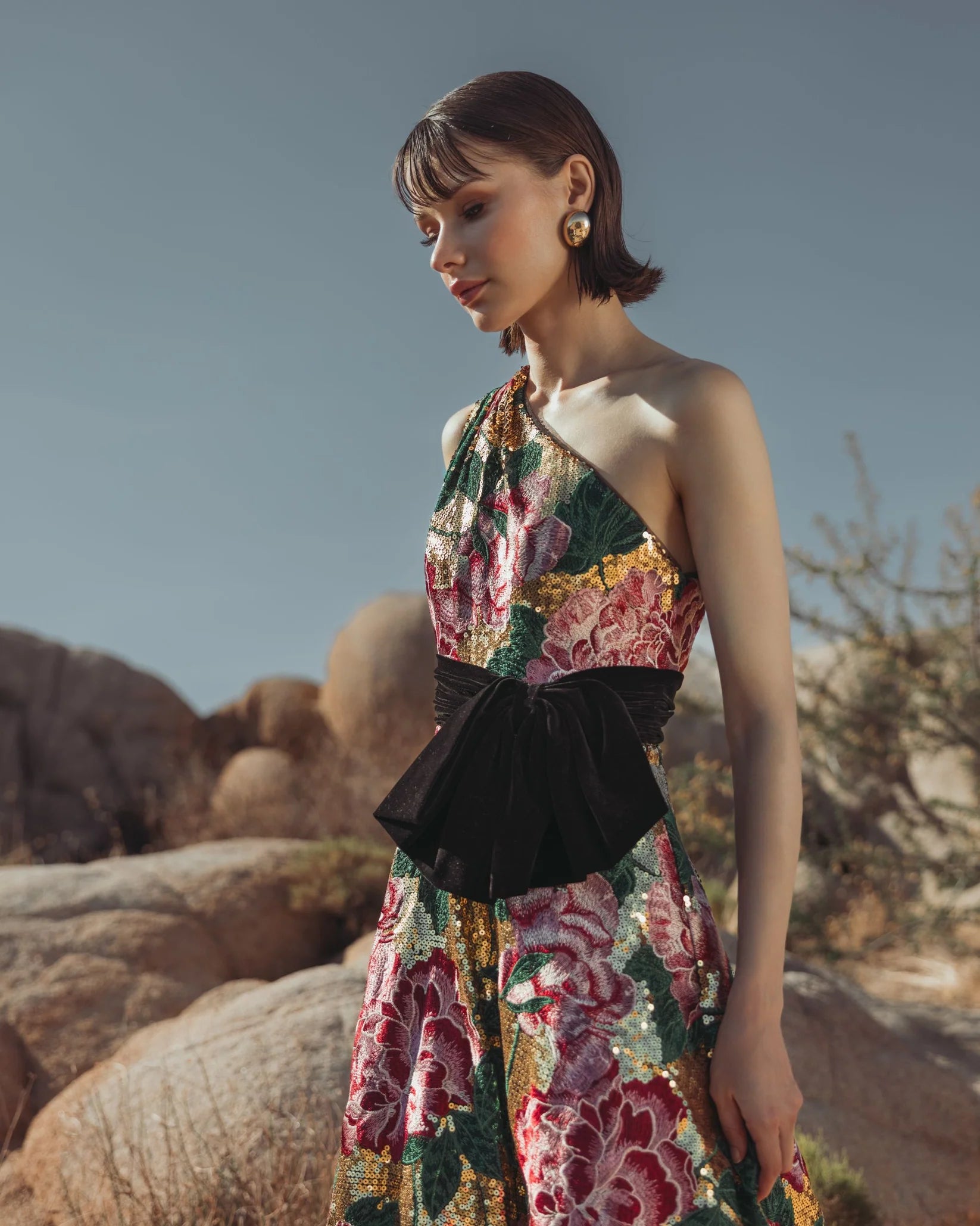 One Shoulder Sequin Ball Gown Velvet Bow - Gold