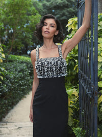 Wide Strap Embellished Top Midi Dress - Black