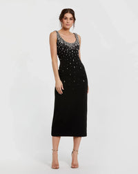 Mac Duggal Black Beaded Crepe Scoop Neck Sleeveless Midi Dress #2259 Black
