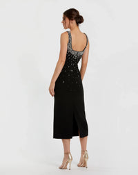 Beaded Crepe Scoop Neck Sleeveless Midi Dress - Black