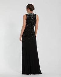 High Neck Sleeveless Beaded Jersey Gown - Black