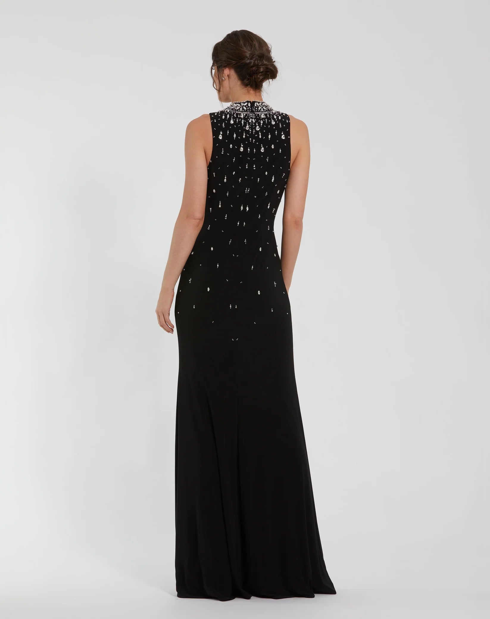 High Neck Sleeveless Beaded Jersey Gown - Black