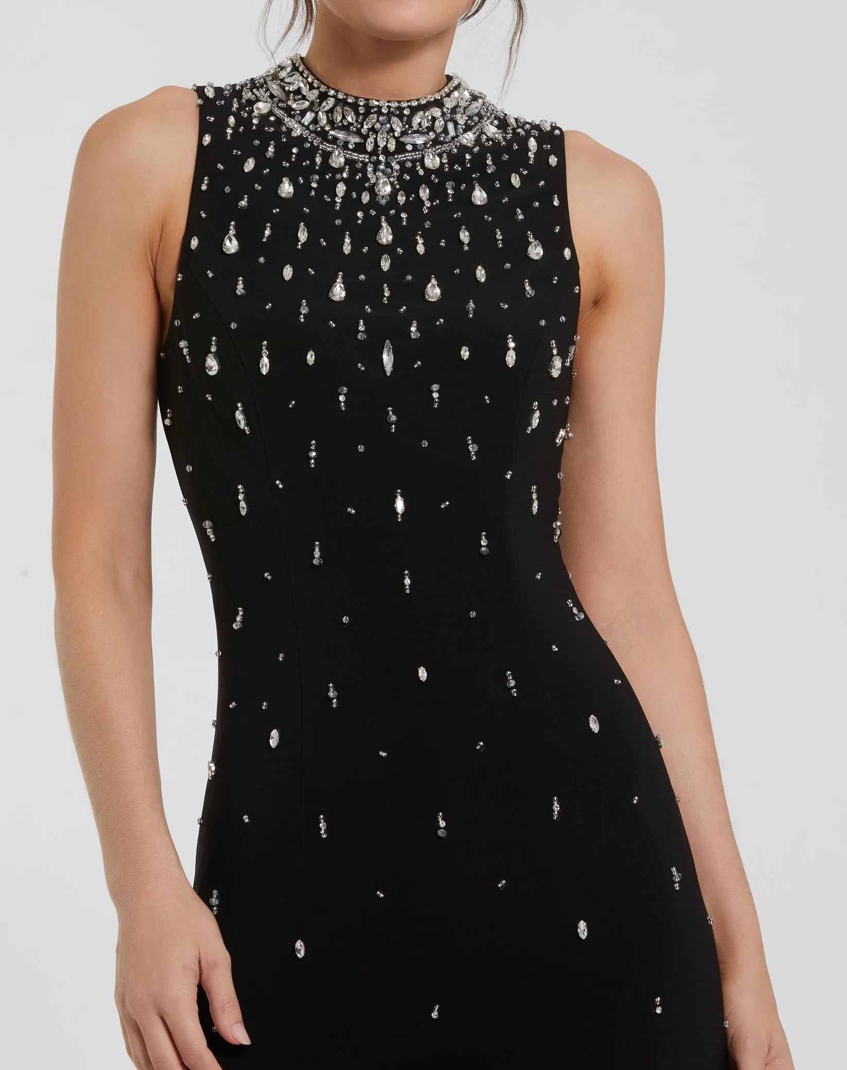 High Neck Sleeveless Beaded Jersey Gown - Black