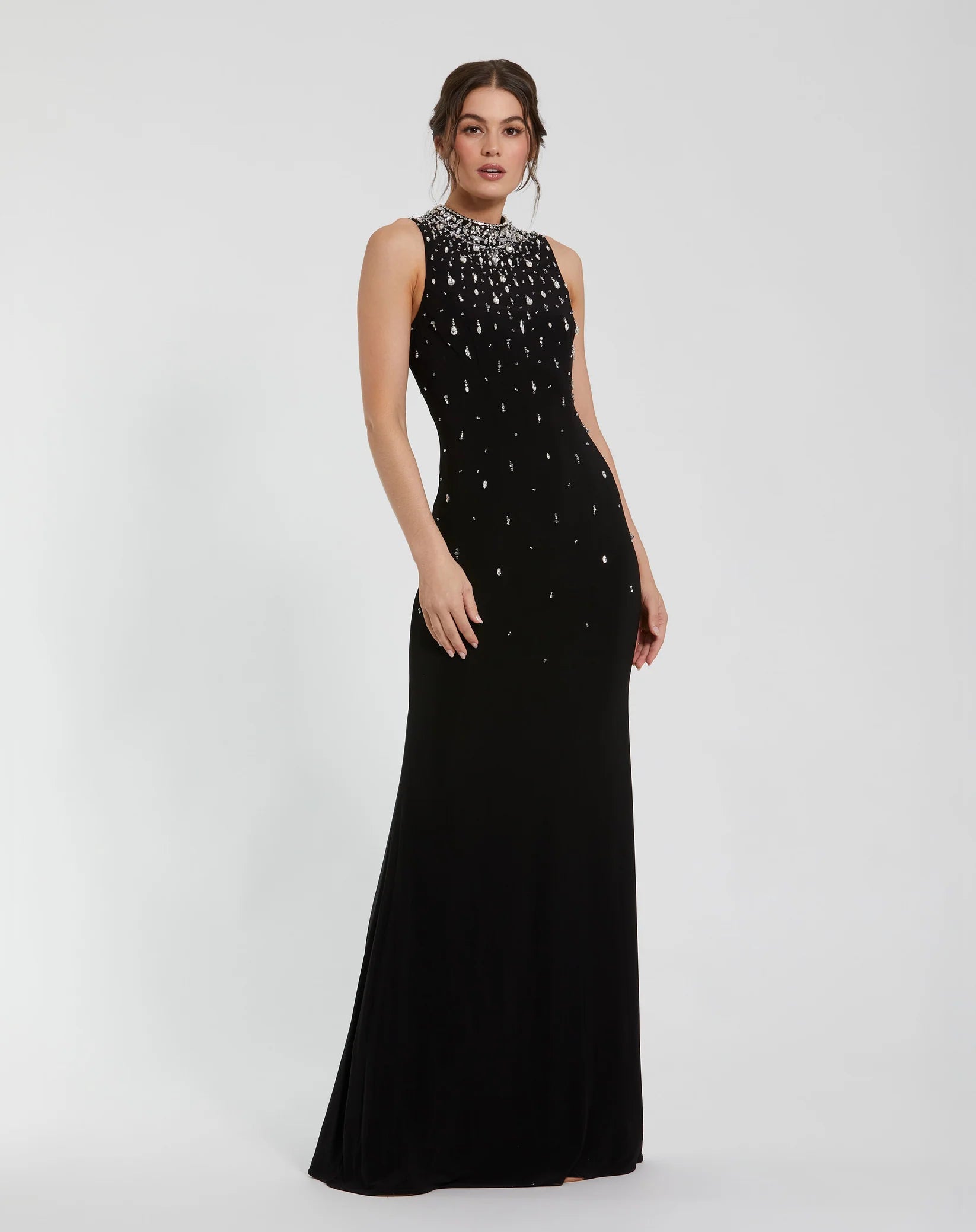 Mac Duggal Black High Neck Sleeveless Beaded Jersey Fitted Gown- Black #2260