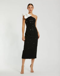 Crepe One Shoulder Beaded Midi Dress With Bow - Black