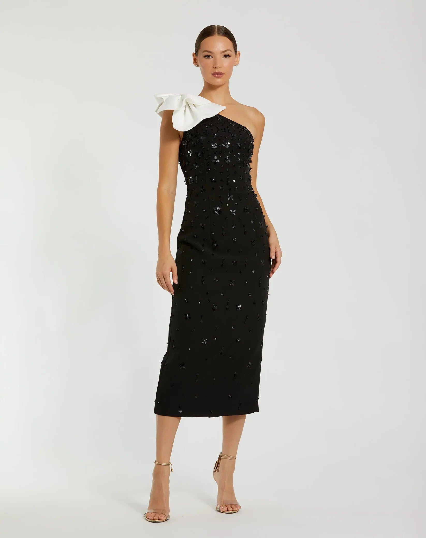 Crepe One Shoulder Beaded Midi Dress With Bow - Black