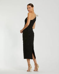 Crepe One Shoulder Beaded Midi Dress With Bow - Black