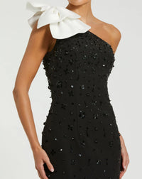 Crepe One Shoulder Beaded Midi Dress With Bow - Black
