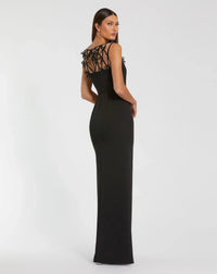 Sleeveless Crepe Gown With Embellished Bows - Black