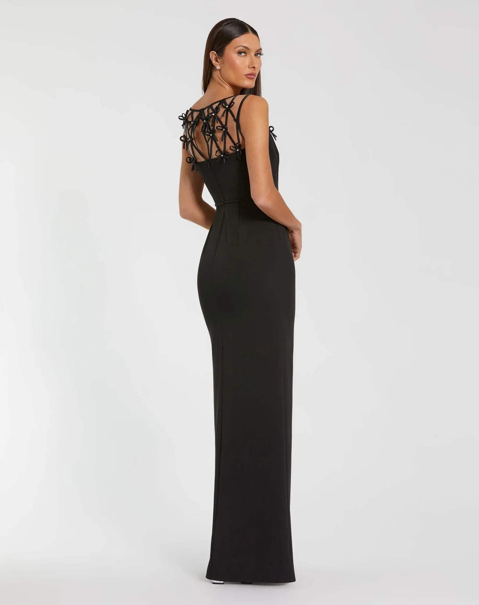 Sleeveless Crepe Gown With Embellished Bows - Black