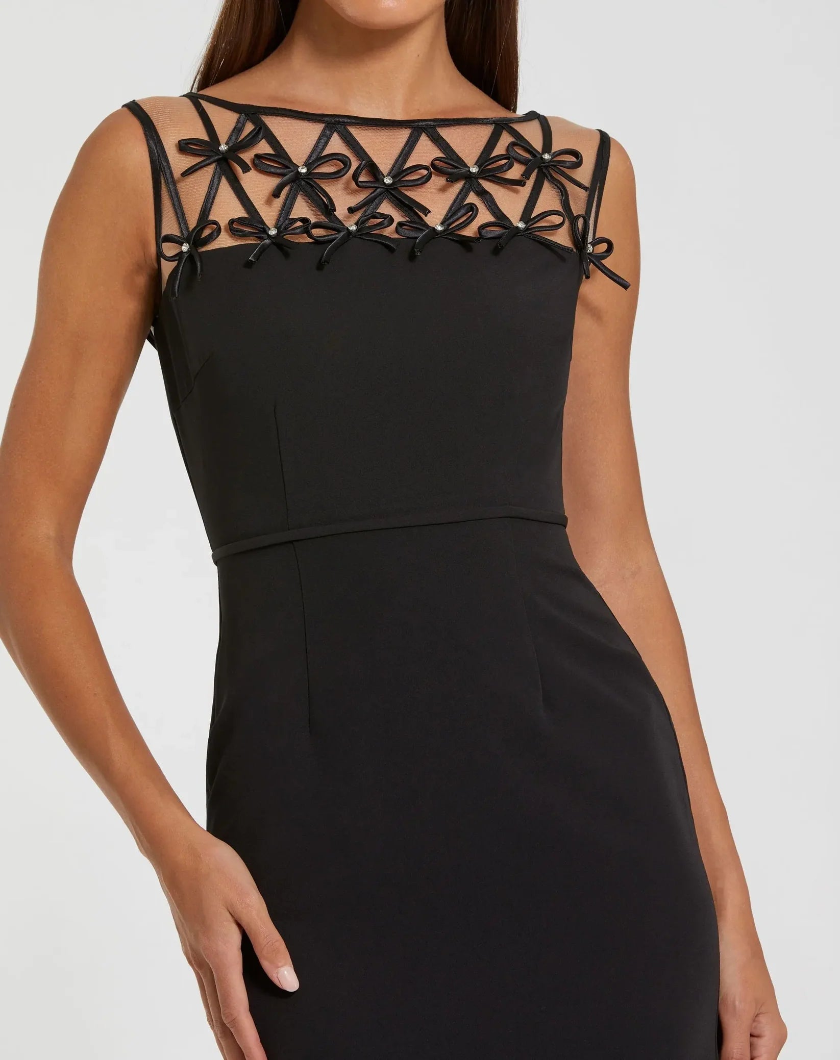 Sleeveless Crepe Gown With Embellished Bows - Black