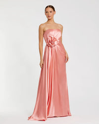 Mac Duggal Pink Strapless Satin Gown With 3D Flower Coral #2301