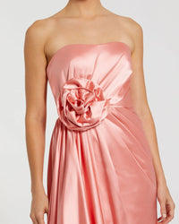 Strapless Satin Gown With 3D Flower - Coral