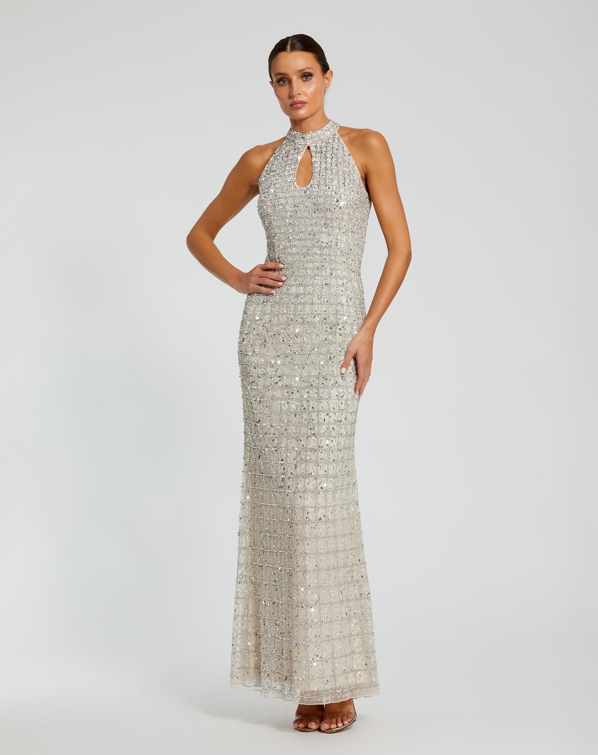Mac Duggal #23018 Embellished Halter Neck Keyhole Gown Nude Silver