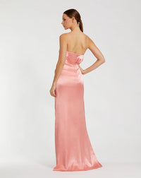 Strapless Satin Gown With 3D Flower - Coral