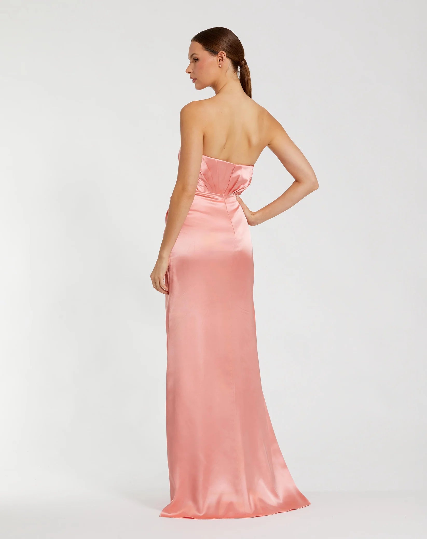 Strapless Satin Gown With 3D Flower - Coral