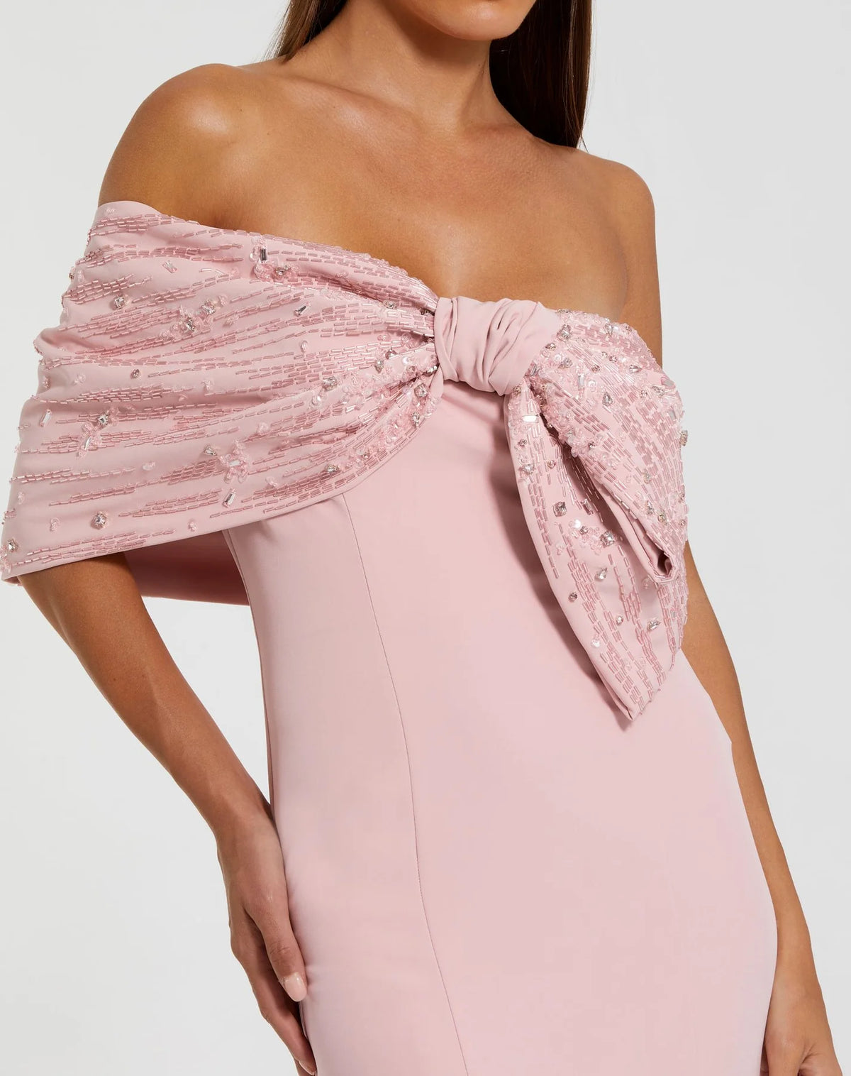 Beaded Bow Satin Mermaid Gown - Pink