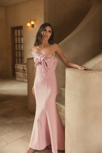 Mac Duggal Pink Beaded Off The Shoulder Bow Satin Mermaid Gown #2305 Blus