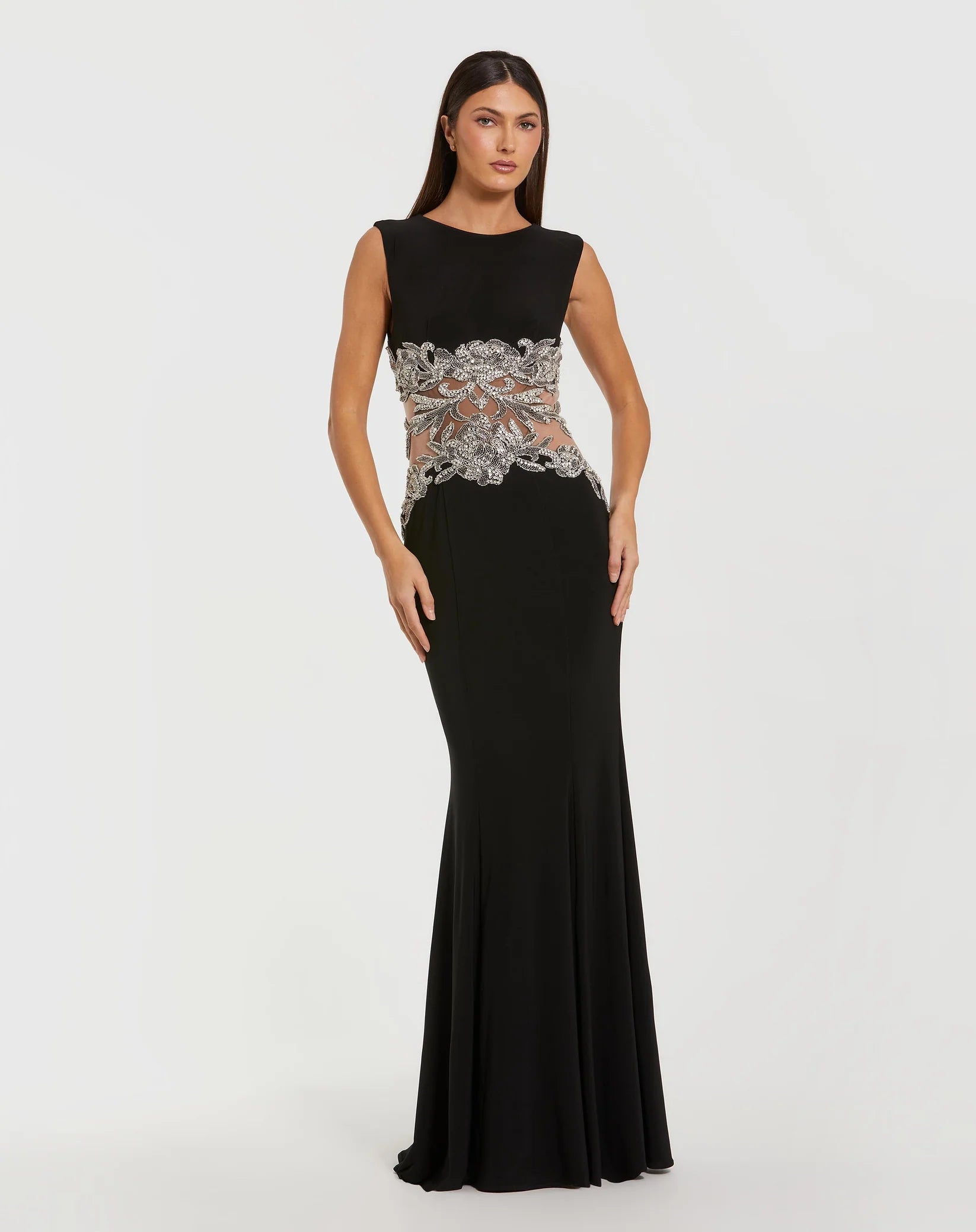 Mac Duggal #2324 Black Sleeveless Jersey Gown With Beaded Waist Detail