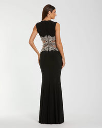 Sleeveless Jersey Gown With Beaded Waist Detail - Black
